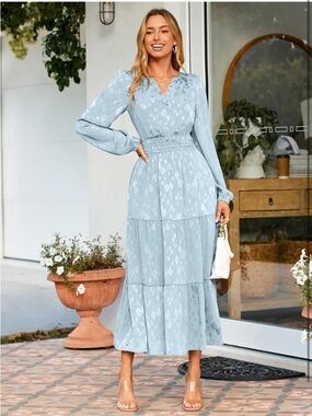 Elegant Light Blue Tiered Maxi Dress with Long Sleeves